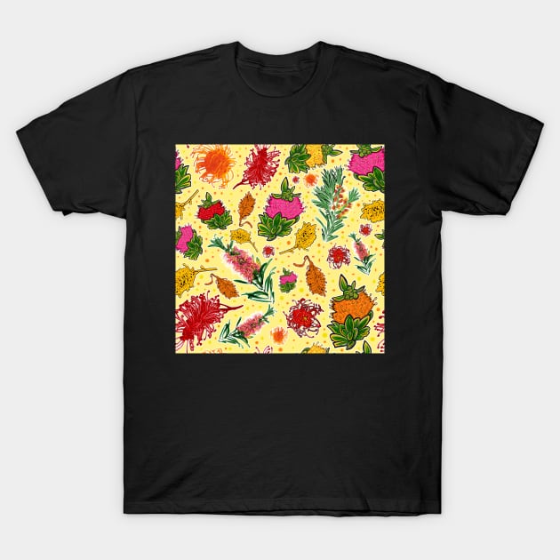 Bright Australian Native Flowers on Yellow T-Shirt by annaleebeer